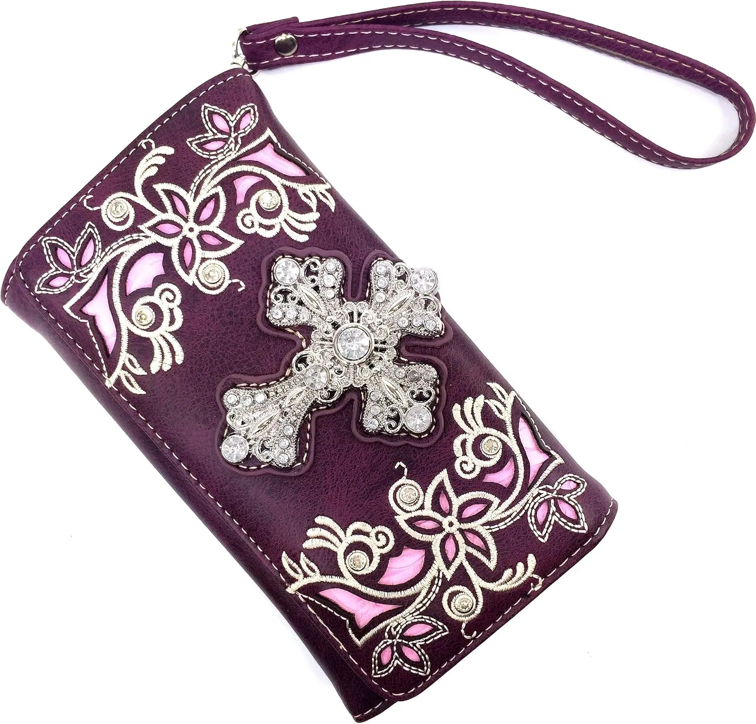 Justin West Embroidery Floral Silver Cross Concealed Carry Handbag Purse Wallet