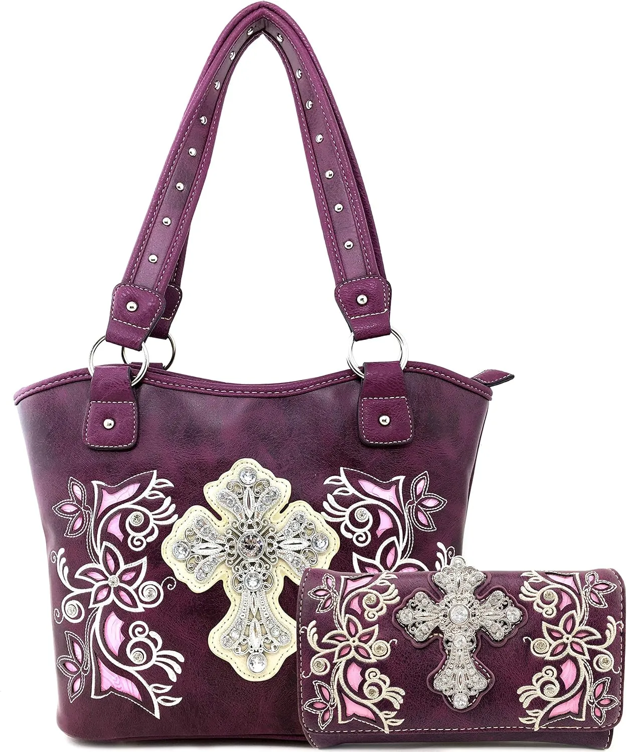 Justin West Embroidery Floral Silver Cross Concealed Carry Handbag Purse Wallet