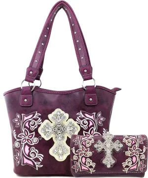 Justin West Embroidery Floral Silver Cross Concealed Carry Handbag Purse Wallet