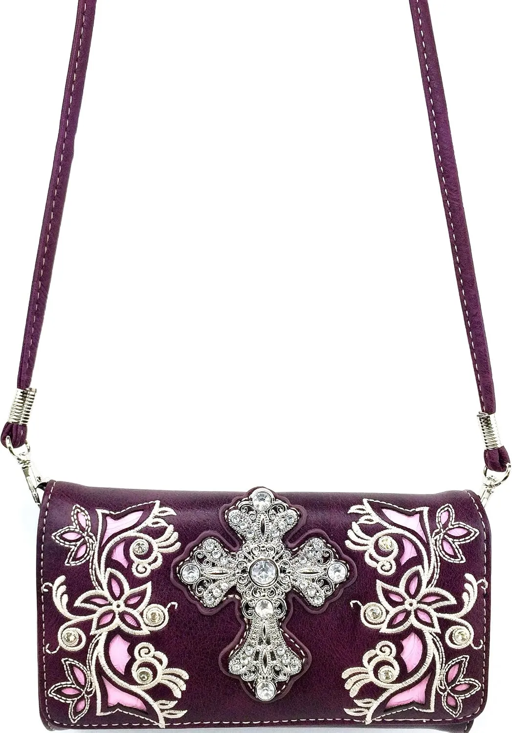 Justin West Embroidery Floral Silver Cross Concealed Carry Handbag Purse Wallet