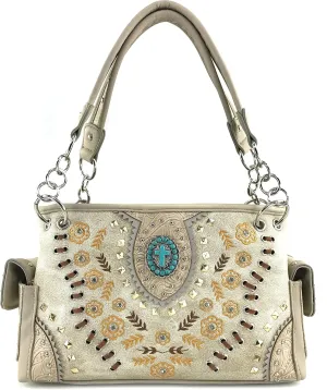 Justin West Floral Tooled Embroidered Western Turquoise Stone Cross Conceal Carry Handbag Purse