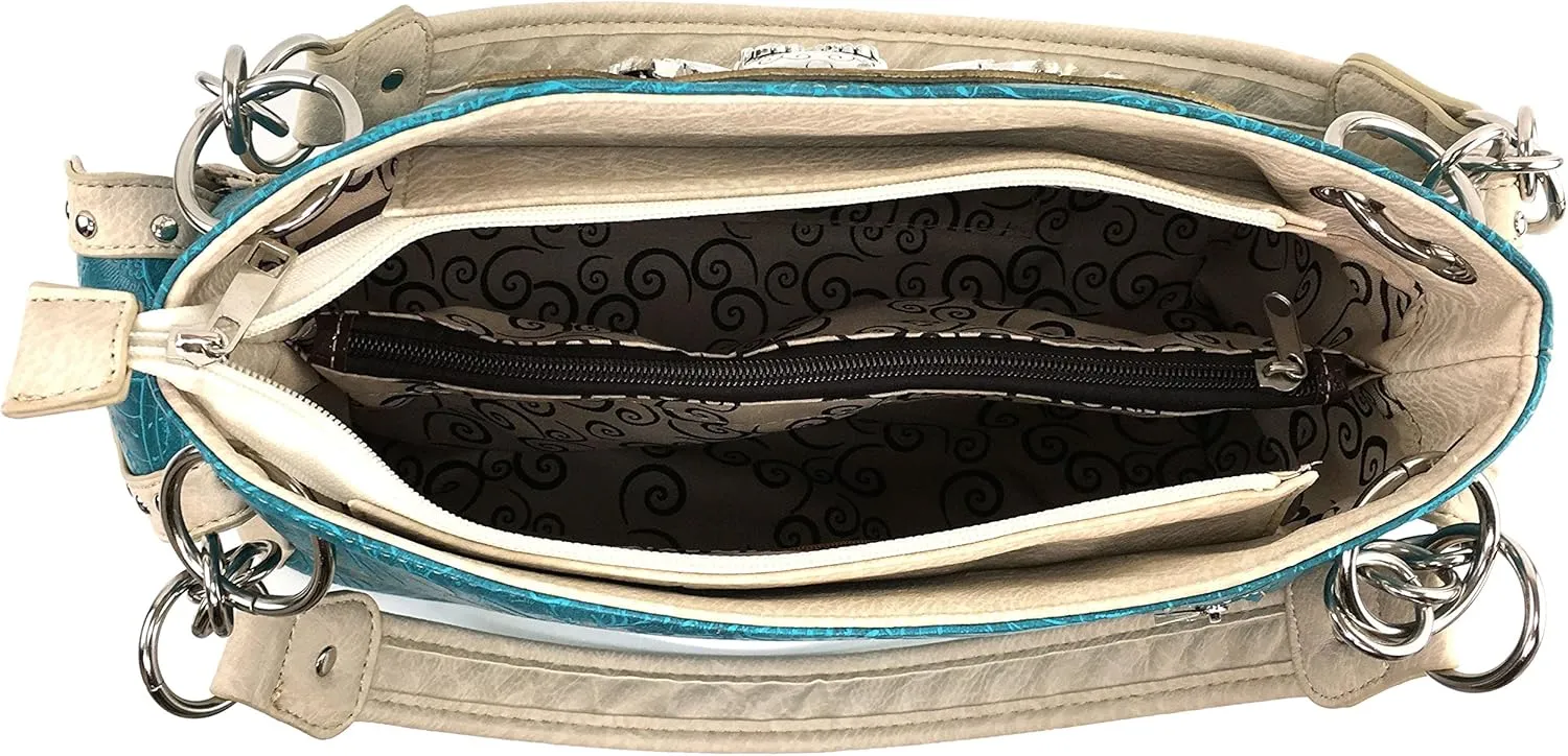 Justin West Floral Tooled Embroidered Western Turquoise Stone Cross Conceal Carry Handbag Purse