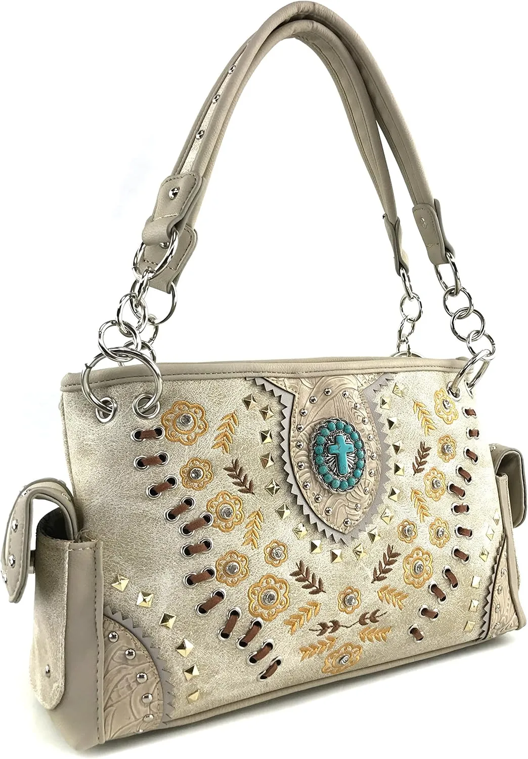 Justin West Floral Tooled Embroidered Western Turquoise Stone Cross Conceal Carry Handbag Purse