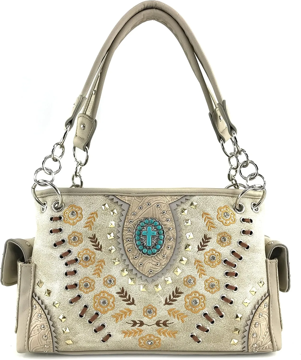 Justin West Floral Tooled Embroidered Western Turquoise Stone Cross Conceal Carry Handbag Purse