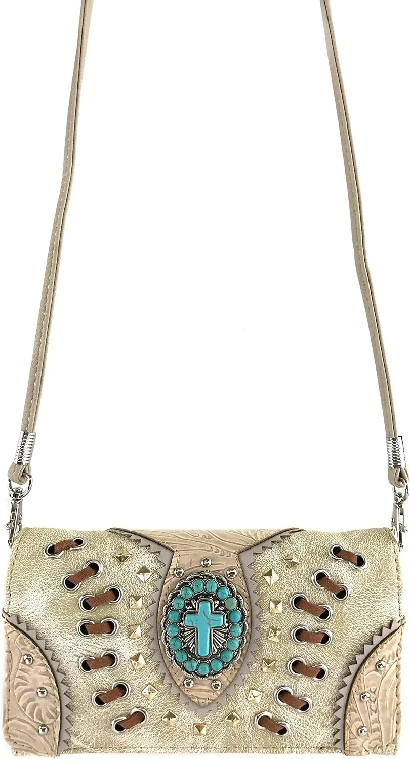 Justin West Floral Tooled Embroidered Western Turquoise Stone Cross Conceal Carry Handbag Purse