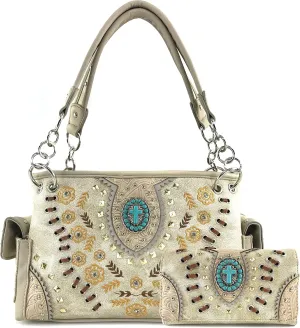 Justin West Floral Tooled Embroidered Western Turquoise Stone Cross Conceal Carry Handbag Purse