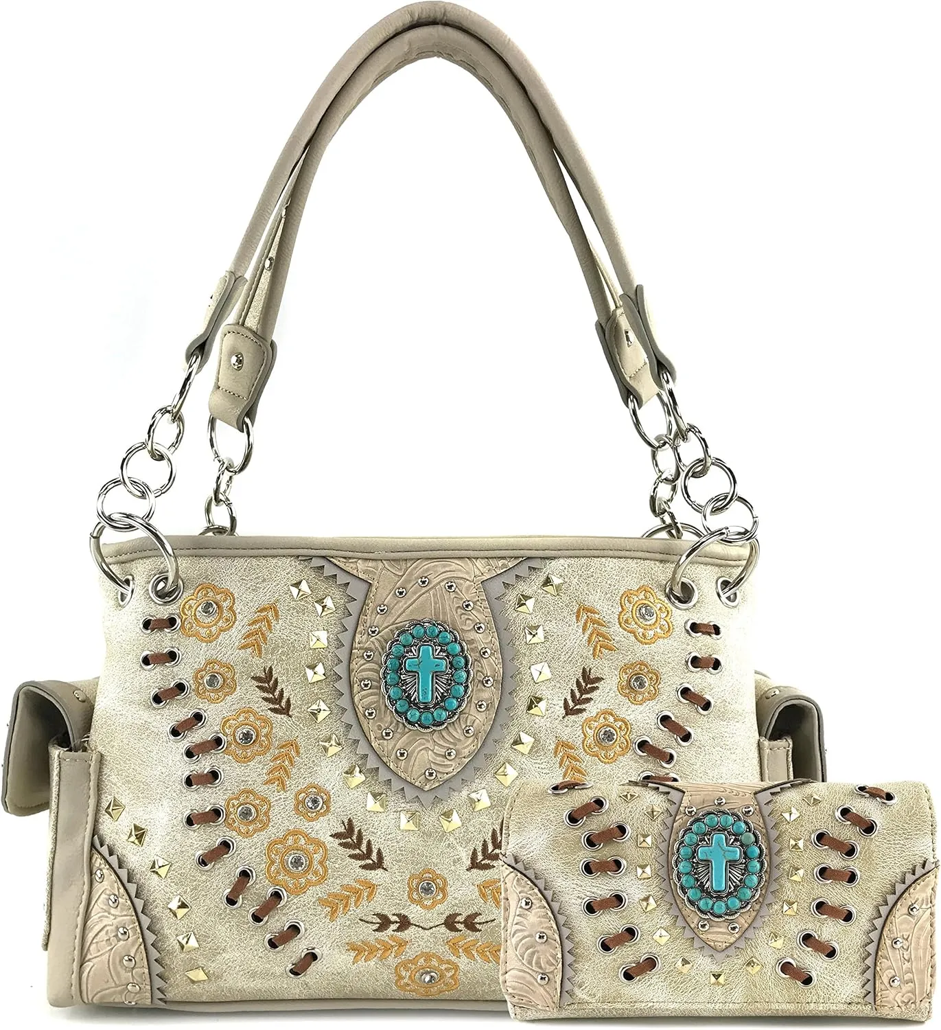 Justin West Floral Tooled Embroidered Western Turquoise Stone Cross Conceal Carry Handbag Purse
