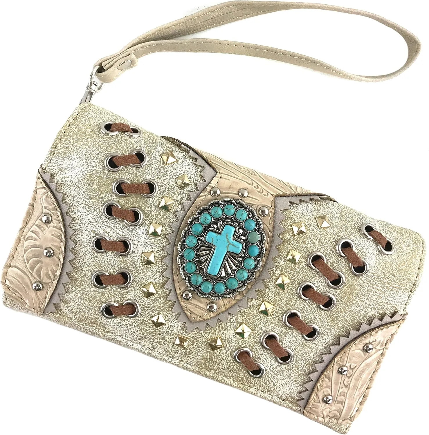 Justin West Floral Tooled Embroidered Western Turquoise Stone Cross Conceal Carry Handbag Purse
