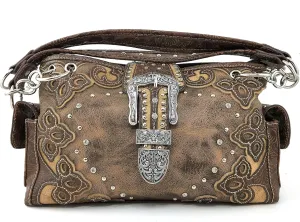 Justin West Western Brown Purse Floral Buckle Concealed Carry Handbag