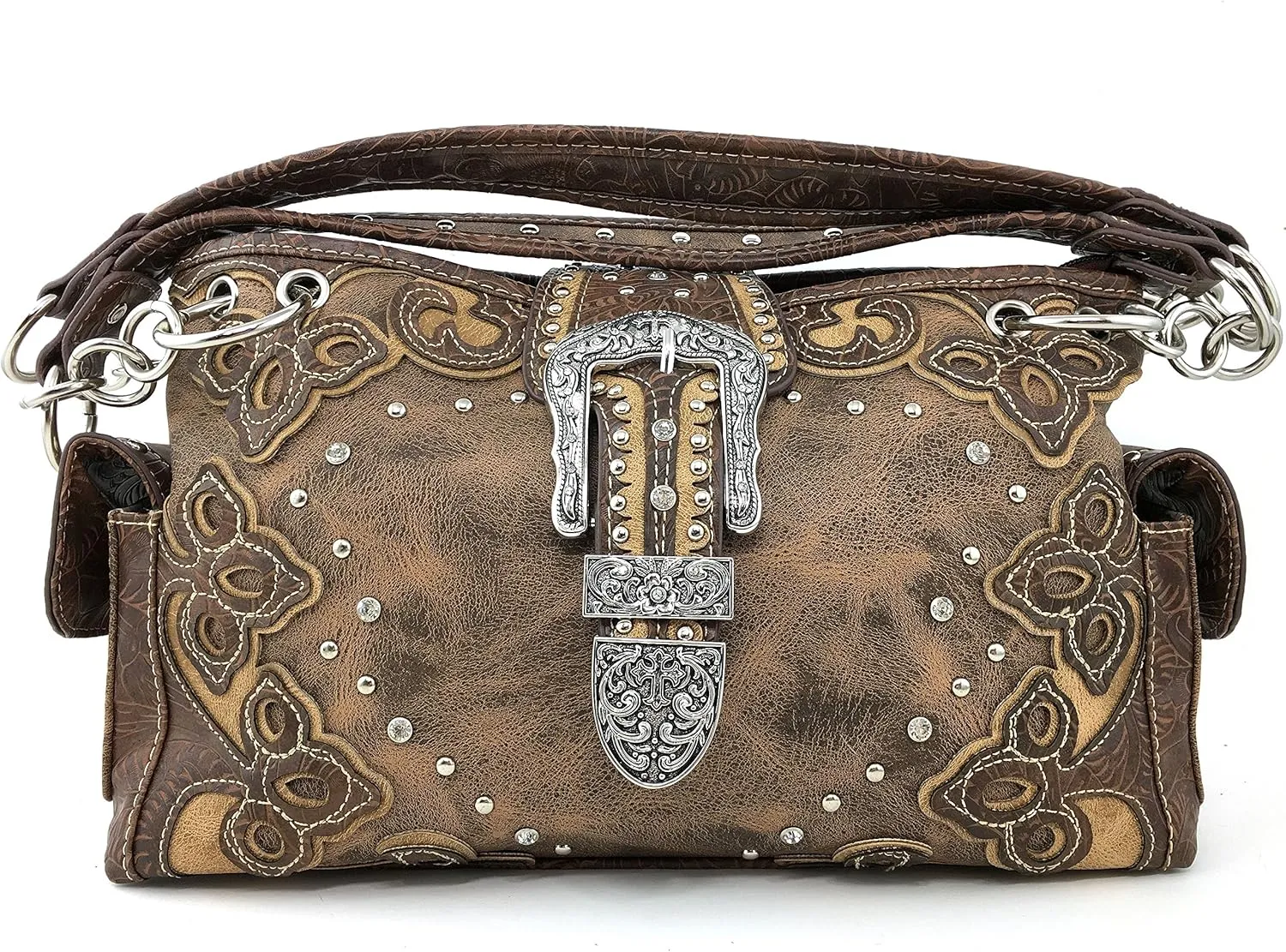 Justin West Western Brown Purse Floral Buckle Concealed Carry Handbag