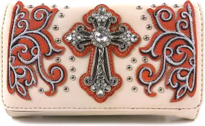 Justin West Western Floral Wing Embroidery Laser Cut Rhinestone Silver Cross Studded Shoulder Tote Handbag Purse Wallet