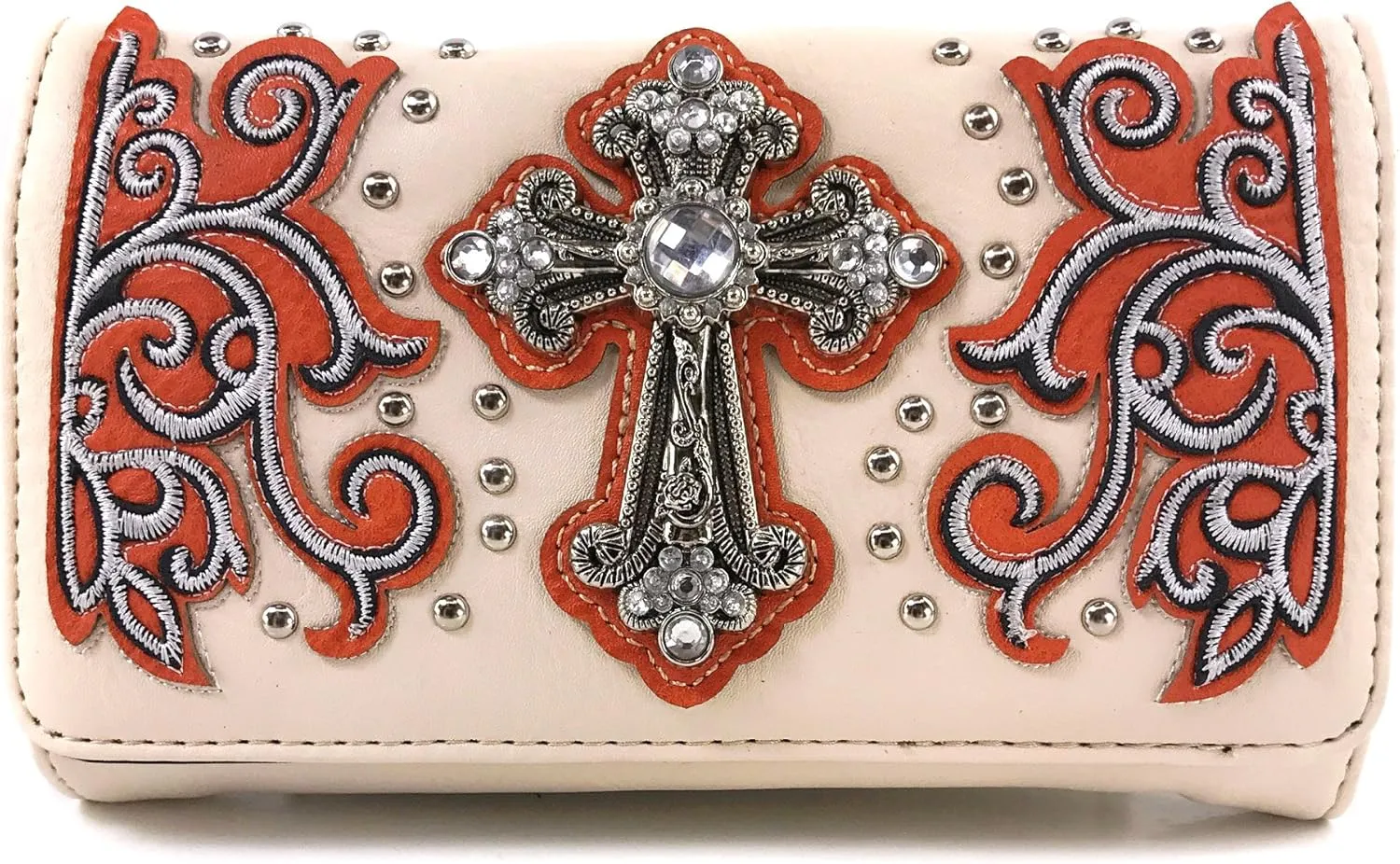 Justin West Western Floral Wing Embroidery Laser Cut Rhinestone Silver Cross Studded Shoulder Tote Handbag Purse Wallet