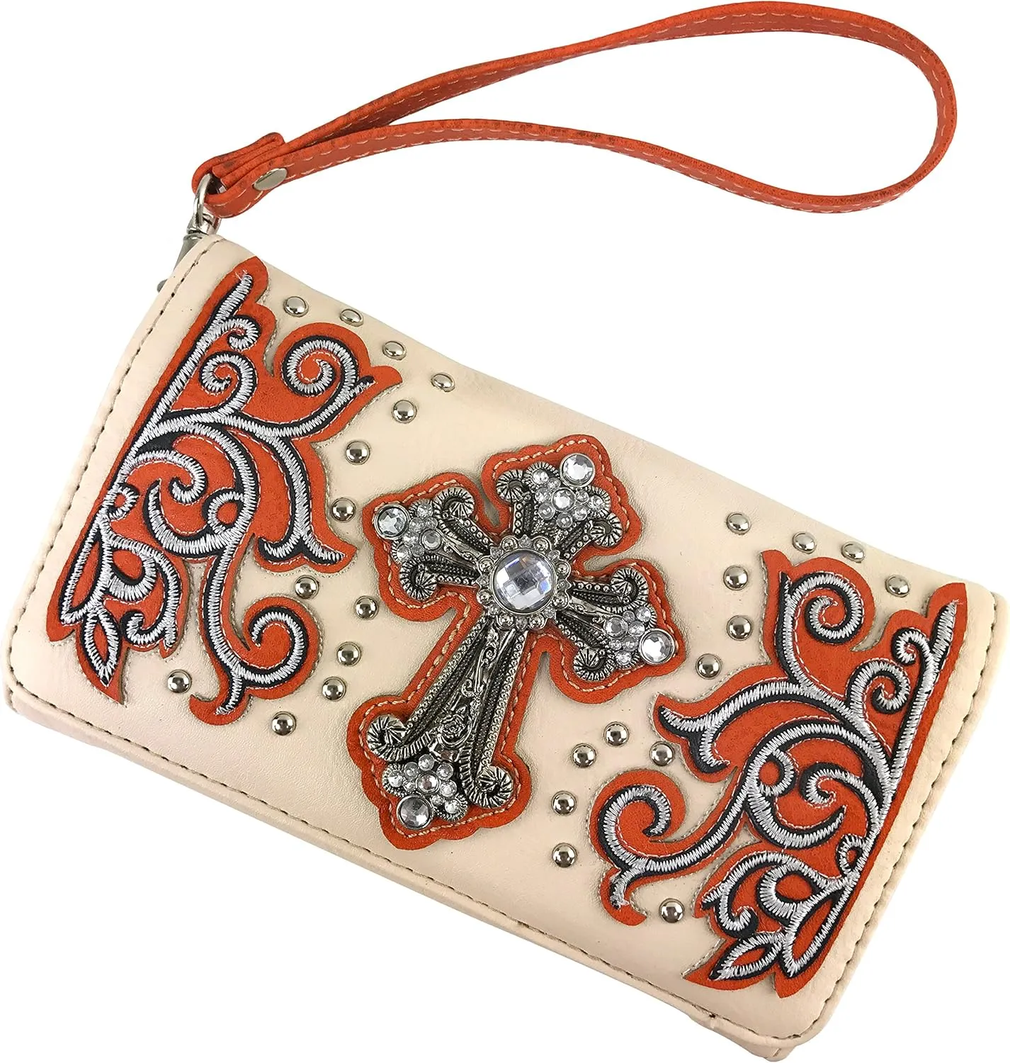 Justin West Western Floral Wing Embroidery Laser Cut Rhinestone Silver Cross Studded Shoulder Tote Handbag Purse Wallet