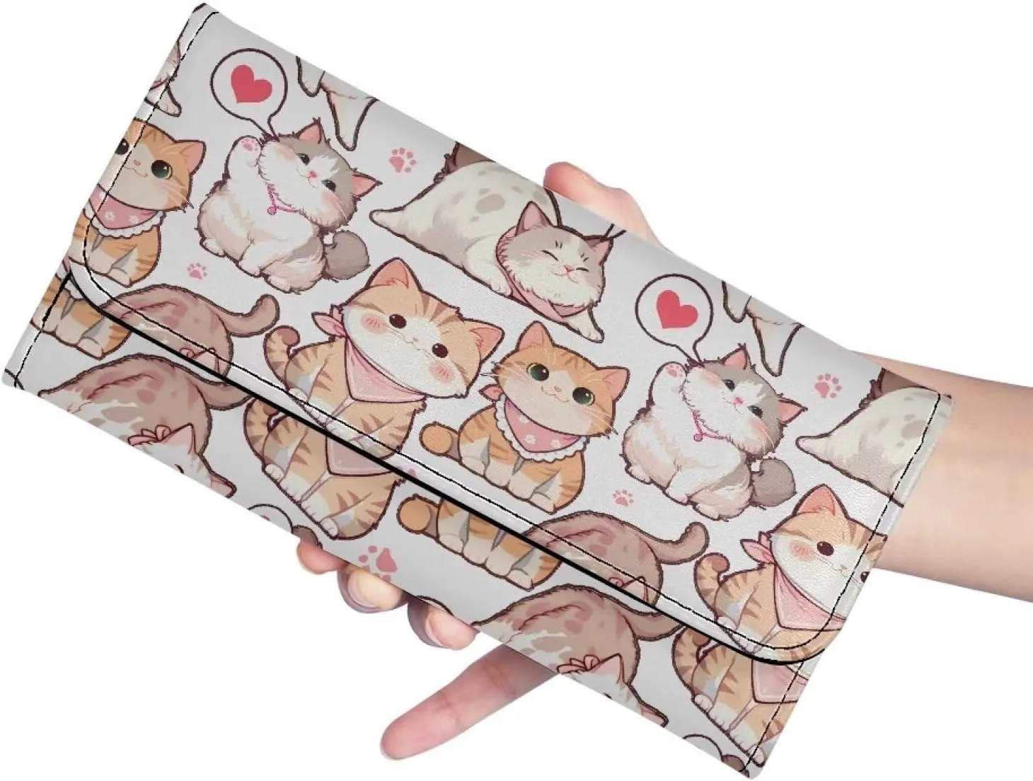 Kawaii Cats Pattern Trifold Slim Wallet for Women PU Leather Zipper Purse, Cartoon Kitty Long Checkbook Tri-fold Wallets, Cute Lazy Cat Print Clutch Wallet Snap Closure