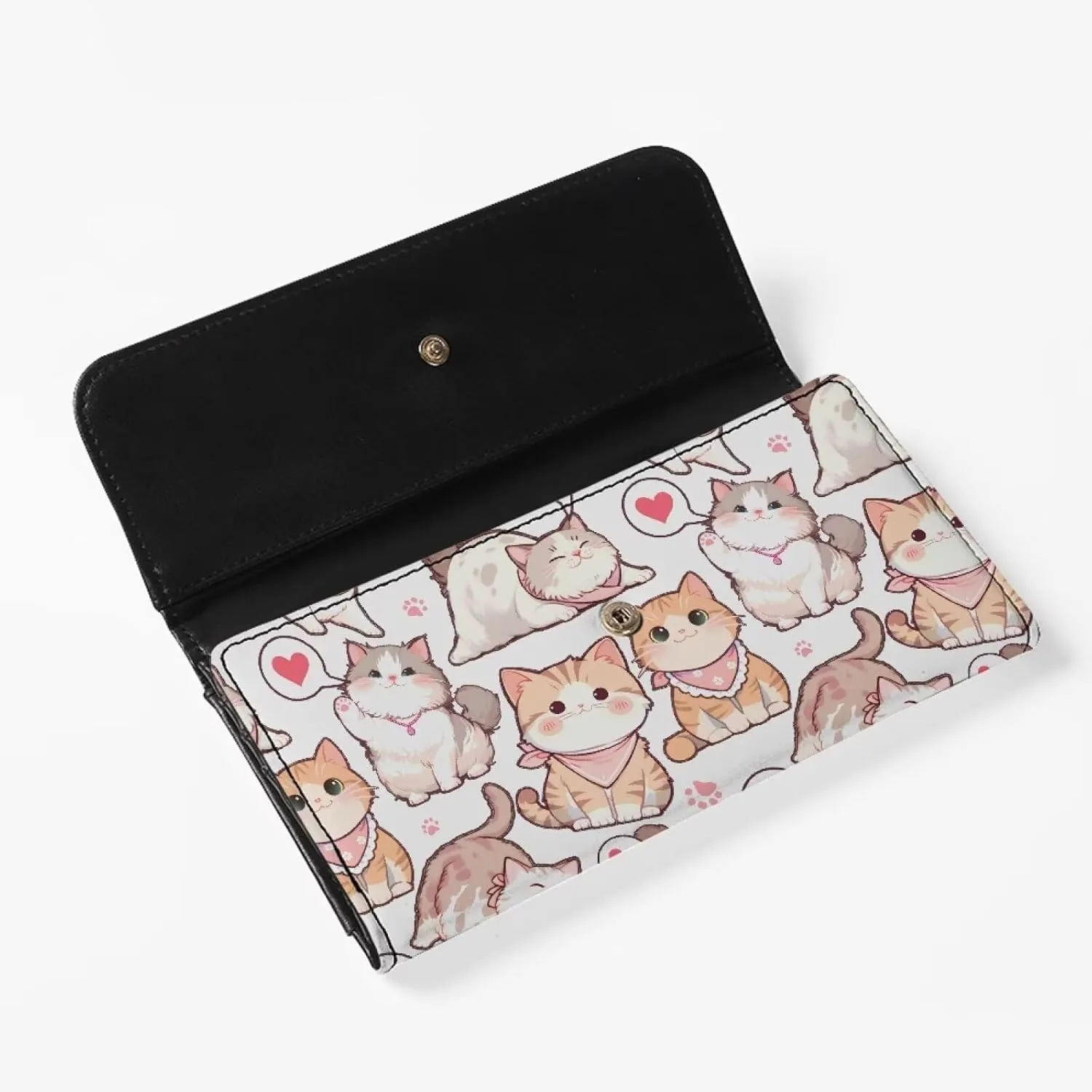 Kawaii Cats Pattern Trifold Slim Wallet for Women PU Leather Zipper Purse, Cartoon Kitty Long Checkbook Tri-fold Wallets, Cute Lazy Cat Print Clutch Wallet Snap Closure