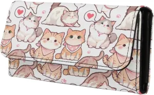 Kawaii Cats Pattern Trifold Slim Wallet for Women PU Leather Zipper Purse, Cartoon Kitty Long Checkbook Tri-fold Wallets, Cute Lazy Cat Print Clutch Wallet Snap Closure