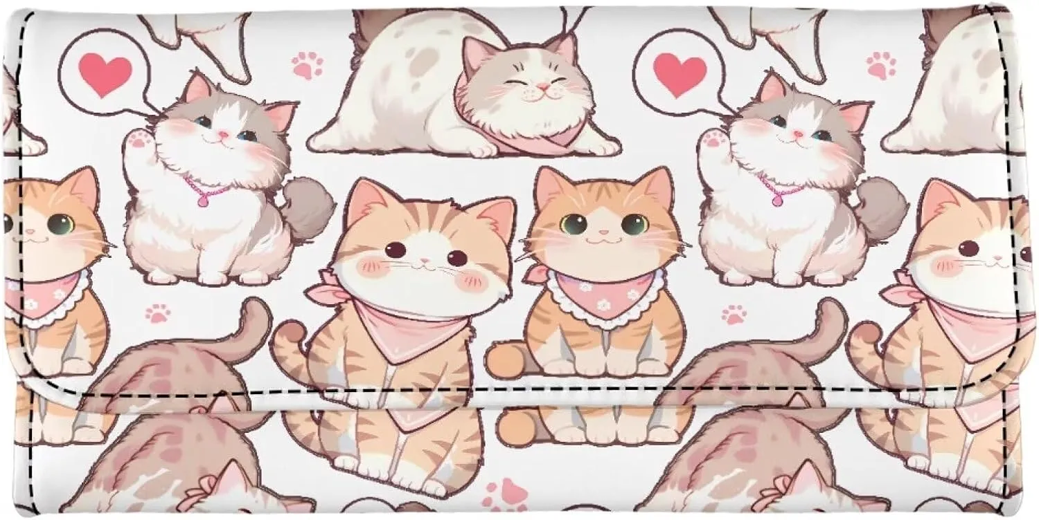 Kawaii Cats Pattern Trifold Slim Wallet for Women PU Leather Zipper Purse, Cartoon Kitty Long Checkbook Tri-fold Wallets, Cute Lazy Cat Print Clutch Wallet Snap Closure