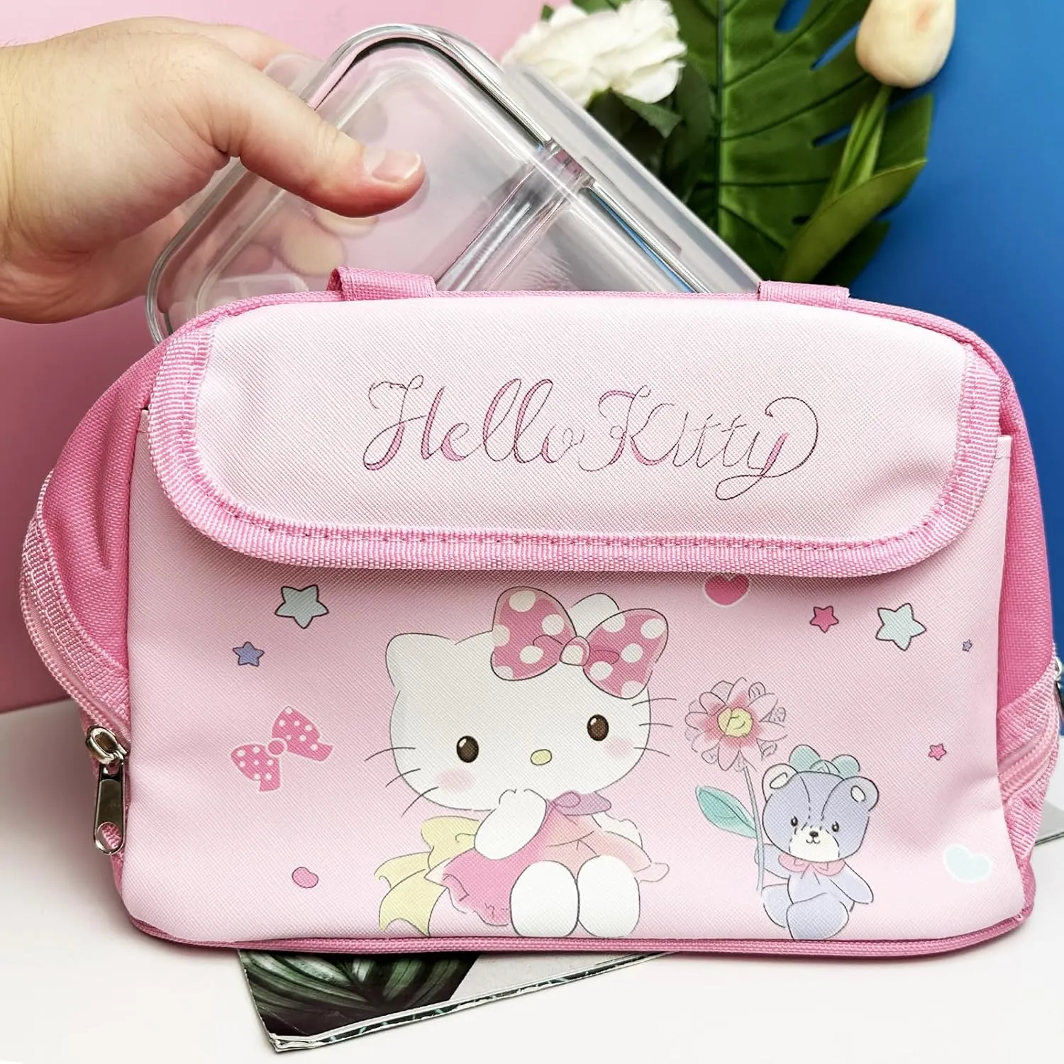 Kawaii Kitty Insulated Lunch Bag with Badge Card Holder for Women, Reusable Large Capacity Lunch Box, Leakproof Lunch Tote Bag, Lunchbox Container Thermal Cooler Bag Food Handbags for Work