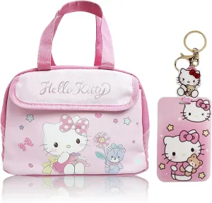 Kawaii Kitty Insulated Lunch Bag with Badge Card Holder for Women, Reusable Large Capacity Lunch Box, Leakproof Lunch Tote Bag, Lunchbox Container Thermal Cooler Bag Food Handbags for Work