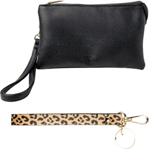 KEDZIE Eclipse Vegan Leather Convertible Purse Wallet Crossbody Bag (Black) & Eclipse Vegan Leather Mix & Match Wristlet Strap (Just Kitten)