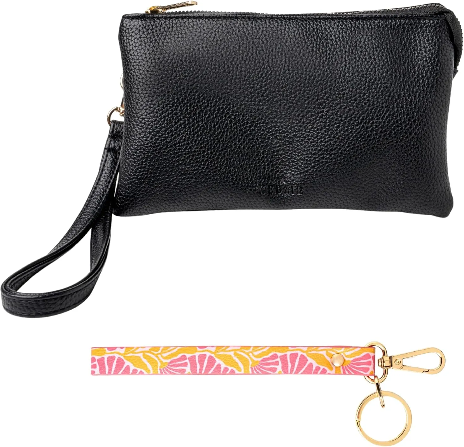 KEDZIE Eclipse Vegan Leather Convertible Purse Wallet Crossbody Bag (Black) & Eclipse Vegan Leather Mix & Match Wristlet Strap (Peony in Pink)