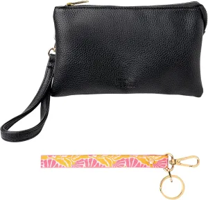 KEDZIE Eclipse Vegan Leather Convertible Purse Wallet Crossbody Bag (Black) & Eclipse Vegan Leather Mix & Match Wristlet Strap (Peony in Pink)