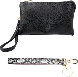 KEDZIE Eclipse Vegan Leather Convertible Purse Wallet Crossbody Bag (Black) & Eclipse Vegan Leather Mix & Match Wristlet Strap (Pretty in Python)