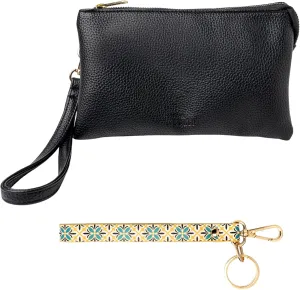KEDZIE Eclipse Vegan Leather Convertible Purse Wallet Crossbody Bag (Black) & Eclipse Vegan Leather Mix & Match Wristlet Strap (Wanderlust)