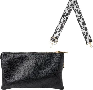 KEDZIE Eclipse Vegan Leather Convertible Wallet Crossbody Bag (Black) & Interchangeable 2-Inch Bag Strap (Deja Moo)