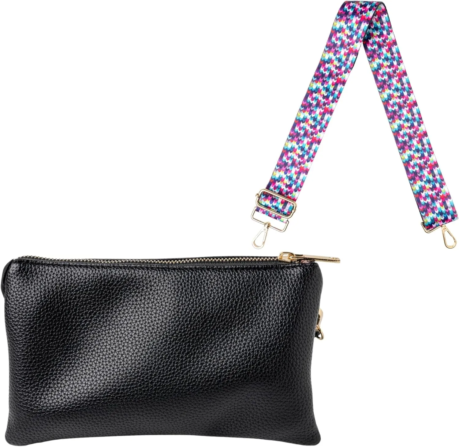 KEDZIE Eclipse Vegan Leather Convertible Wallet Crossbody Bag (Black) & Interchangeable 2-Inch Bag Strap (Friends Forever V2)