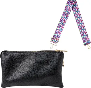 KEDZIE Eclipse Vegan Leather Convertible Wallet Crossbody Bag (Black) & Interchangeable 2-Inch Bag Strap (Friends Forever V2)