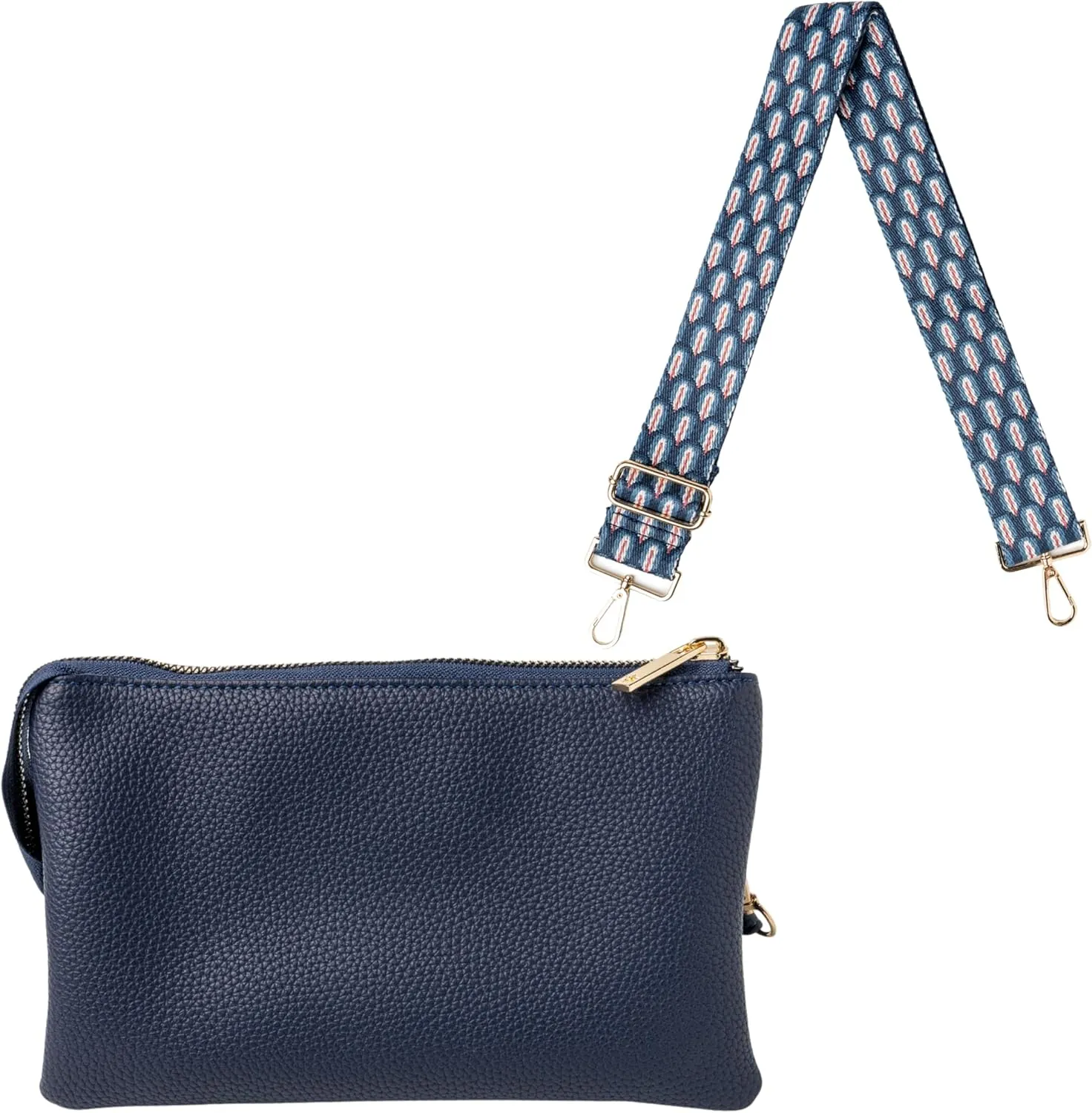 KEDZIE Eclipse Vegan Leather Convertible Wallet Crossbody Bag (Navy) & Embroidered Interchangeable 2-Inch Bag Strap (Hampton)