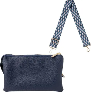 KEDZIE Eclipse Vegan Leather Convertible Wallet Crossbody Bag (Navy) & Embroidered Interchangeable 2-Inch Bag Strap (Hampton)