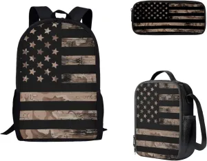 KEIAHUAN American Flag Camo Kids Backpacks Teen Girls Boys School Bookbag Set 3 in 1 Casual Daypacks for Primary Middle School