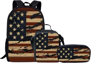 KEIAHUAN American Flag School Bags for Boys, Kids Bookbag Set with Lunch Box Pencil Case, Preschool Backpack Kindergarten Elementary School Toddler Backpacks for 4th of July