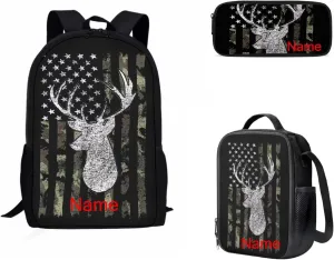 KEIAHUAN Custom Backpack for Boys Girls Personalized School Bookbag Elementary Middle School Bag with Lunch Box Pencil Case Amerian Flag Deer Camo Hunting Design