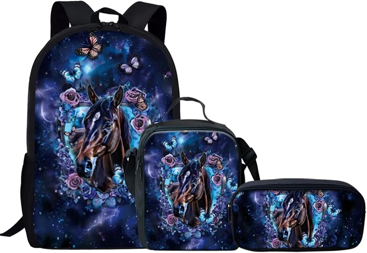 KEIAHUAN Galaxy Flower Horse Print 3 Pcs Backpack Set Including School Backpack for Girls Lunch Bag and Pencil Case Middle Schoolbag Elementary Student Bookbag 3 in 1