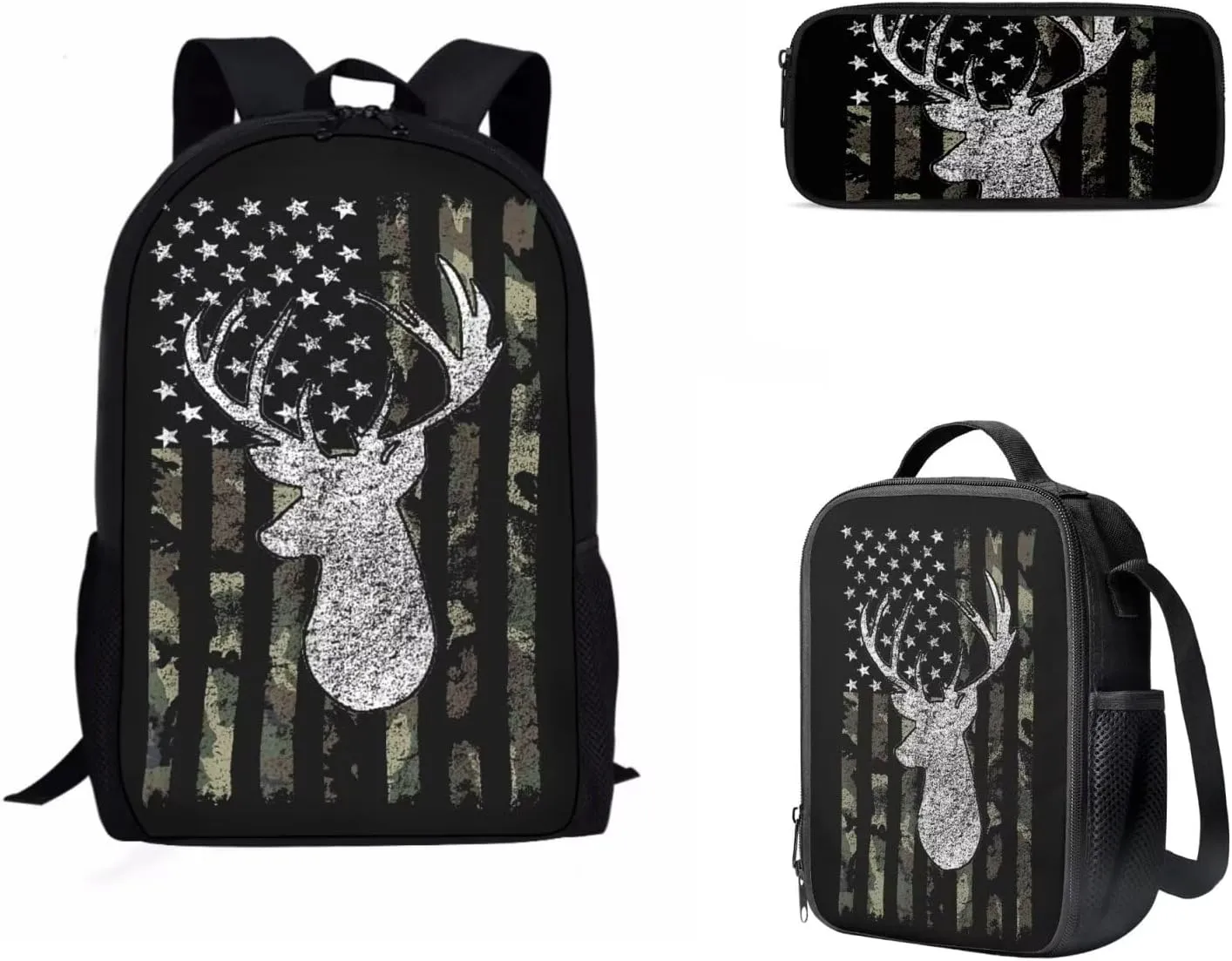 KEIAHUAN Kids School Bag American Flag Deer Hunting Camo Teen Girls Boys Toddler Bookbag Sturdy Backpack with Lunch Bag and Pencil Bag
