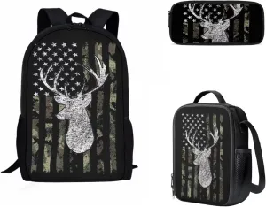 KEIAHUAN Kids School Bag American Flag Deer Hunting Camo Teen Girls Boys Toddler Bookbag Sturdy Backpack with Lunch Bag and Pencil Bag