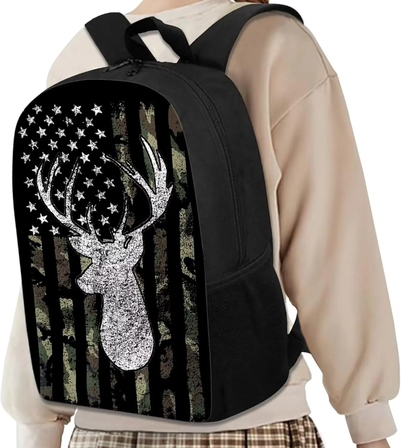 KEIAHUAN Kids School Bag American Flag Deer Hunting Camo Teen Girls Boys Toddler Bookbag Sturdy Backpack with Lunch Bag and Pencil Bag