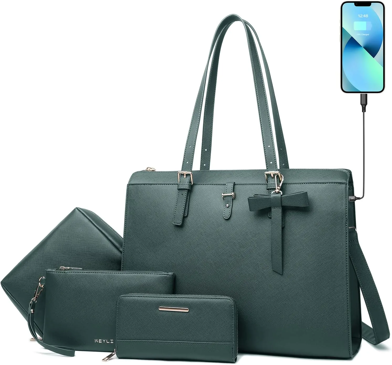 Keyli 4pc Sets Laptop Bag for Women Large Leather Laptop Briefcase with USB Charging Port Computer Shoulder tote Bags Purse