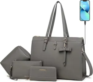 Keyli 4pc Sets Laptop Bag for Women Large Leather Laptop Briefcase with USB Charging Port Computer Shoulder tote Bags Purse
