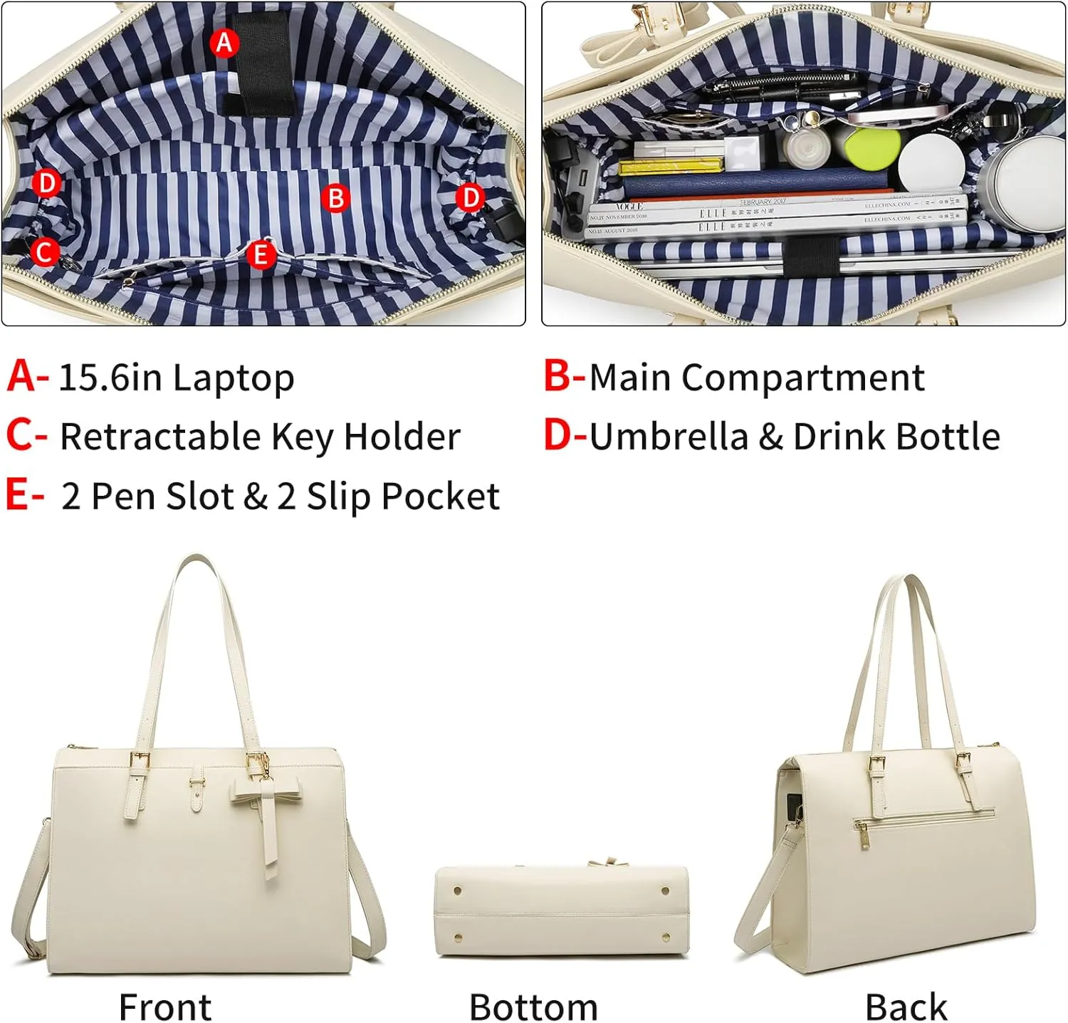 Keyli 4pc Sets Laptop Bag for Women Large Leather Laptop Briefcase with USB Charging Port Computer Shoulder tote Bags Purse