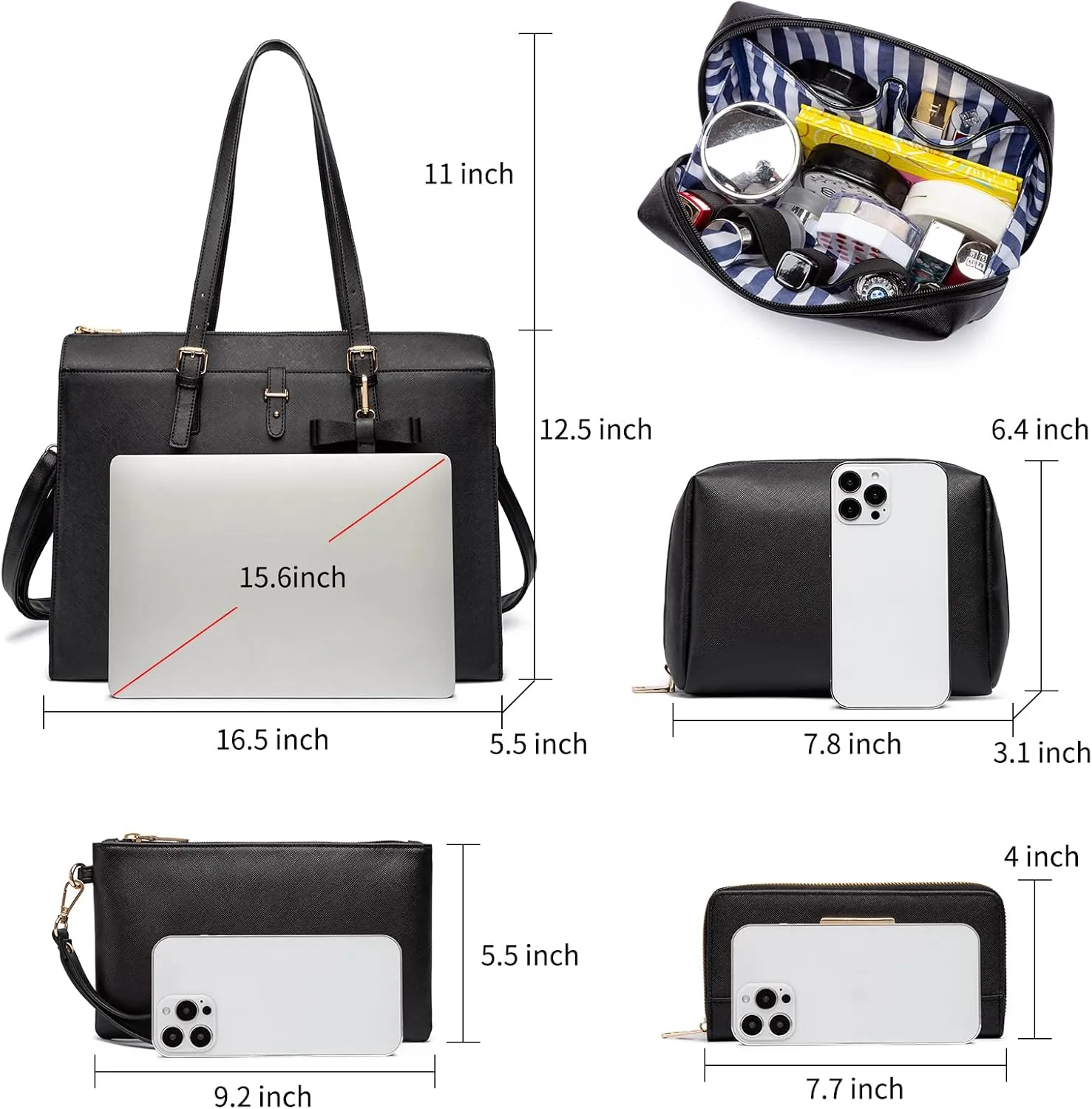 Keyli 4pc Sets Laptop Bag for Women Large Leather Laptop Briefcase with USB Charging Port Computer Shoulder tote Bags Purse