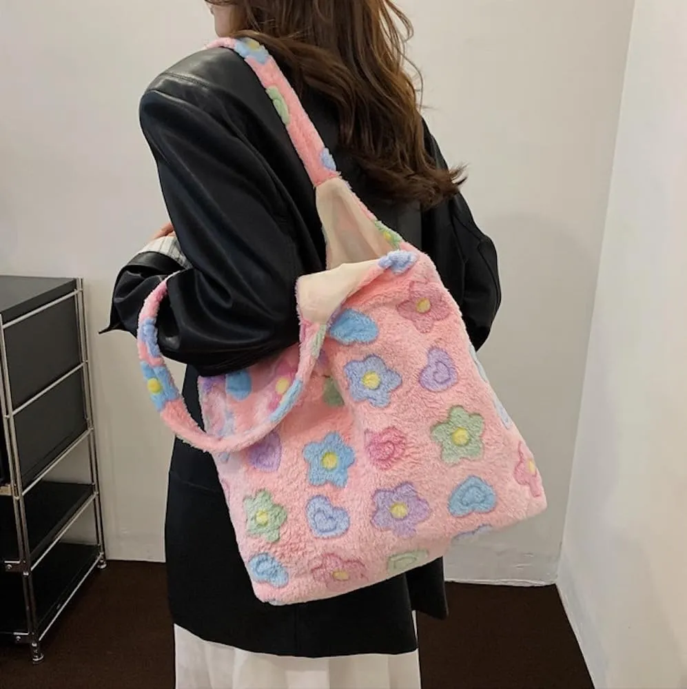 Kidcore Aesthetic Fuzzy Tote Bag for Women Flowers Fluffy Tote Bag Shoulder Bag Cute Furry Hand Tote Bag