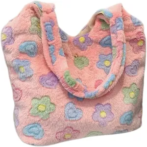 Kidcore Aesthetic Fuzzy Tote Bag for Women Flowers Fluffy Tote Bag Shoulder Bag Cute Furry Hand Tote Bag