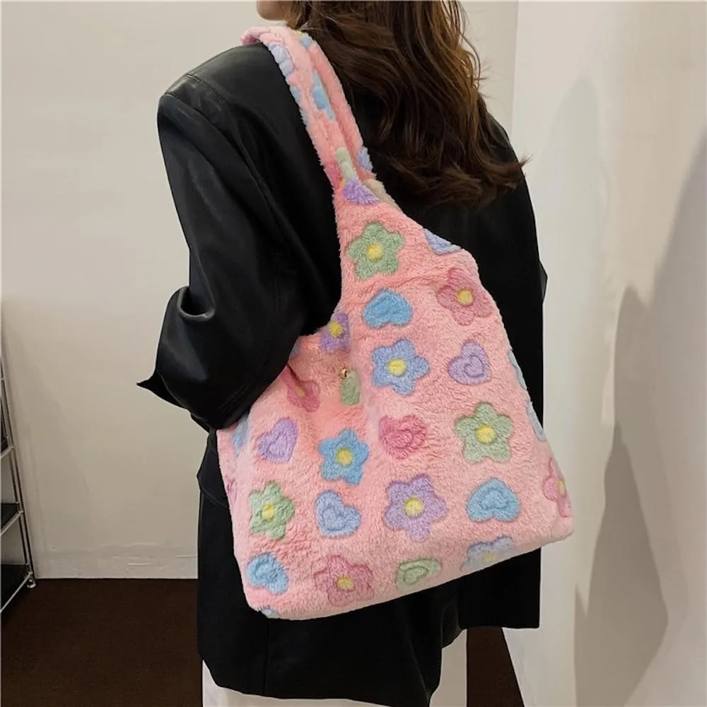 Kidcore Aesthetic Fuzzy Tote Bag for Women Flowers Fluffy Tote Bag Shoulder Bag Cute Furry Hand Tote Bag