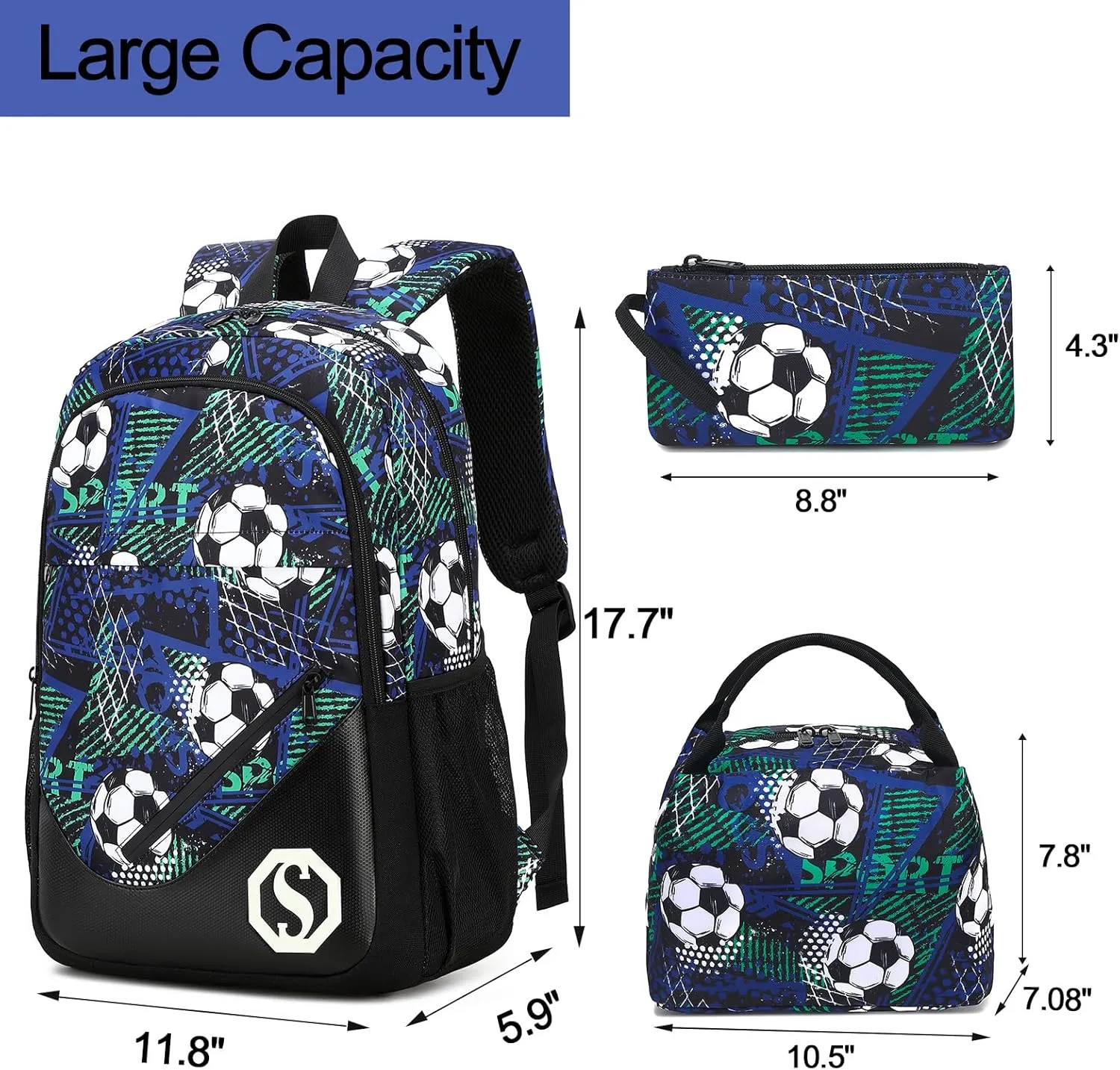 Kids Backpack Boys Elementary Bookbag Set 3 Pcs Waterproof Kindergarten School Bag with Insulated Lunch Tote Box and Pencil Pouch for Primary
