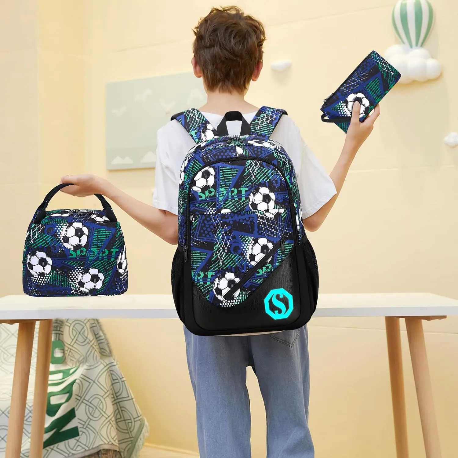 Kids Backpack Boys Elementary Bookbag Set 3 Pcs Waterproof Kindergarten School Bag with Insulated Lunch Tote Box and Pencil Pouch for Primary