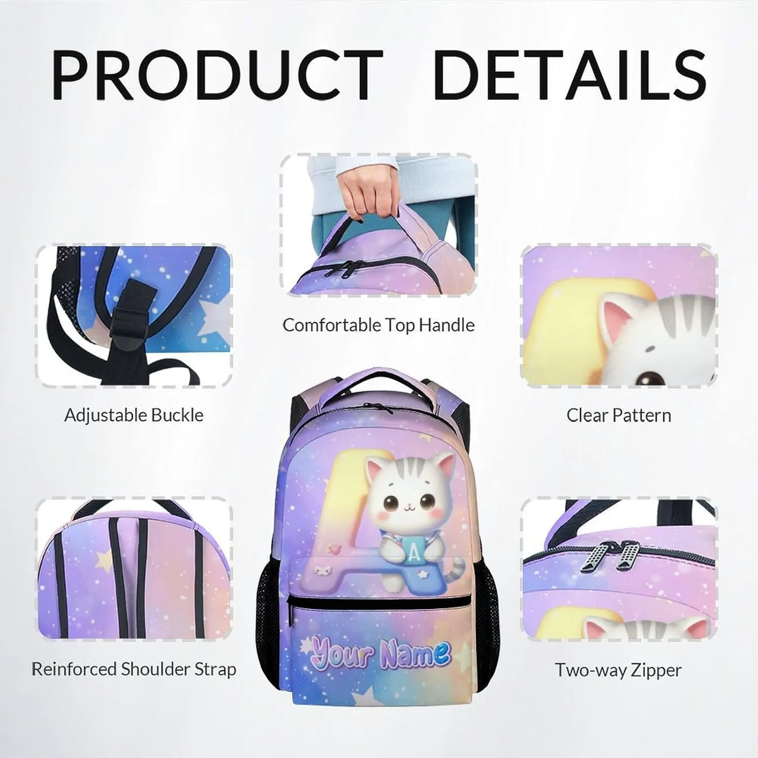 Kids Backpack Set for Girls, Personalized Cat Backpacks for School, Custom Initial Name Bookbag for Elementary, 17 Inch Cute Monogram Bookbags with Lunch Box and Pencil Case